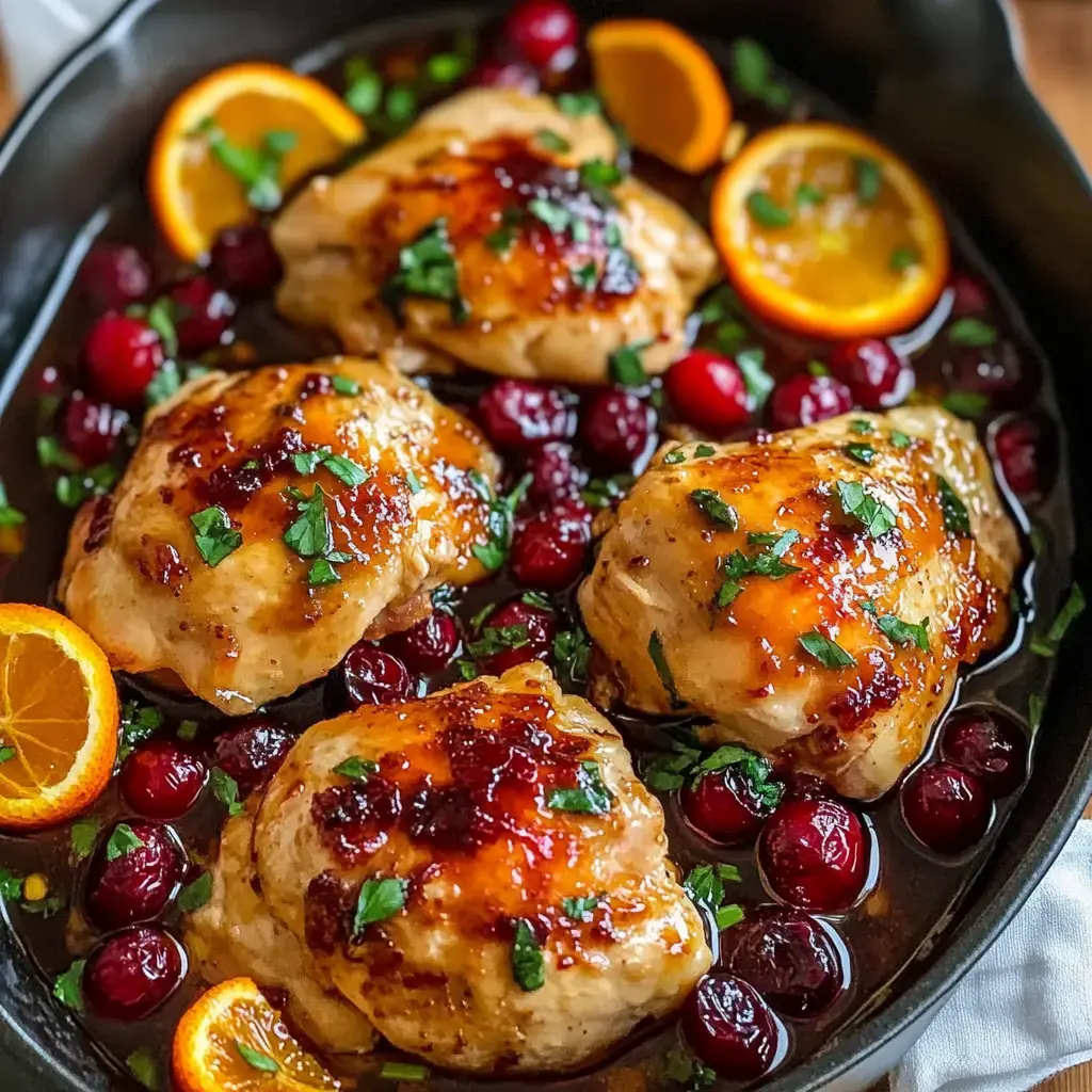 A cast iron skillet contains four glazed chicken thighs surrounded by fresh cranberries and orange slices, garnished with parsley.