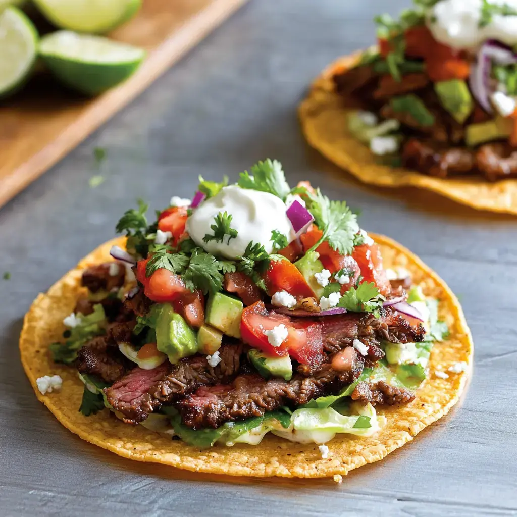 Two stacked tacos topped with grilled beef, fresh vegetables, and garnished with sour cream and cilantro, alongside lime halves in the background.