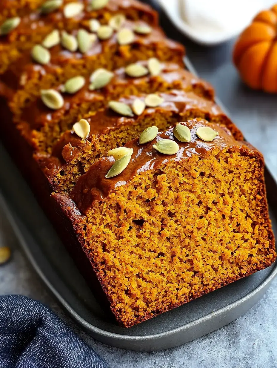 A freshly baked pumpkin loaf topped with a glossy glaze and sprinkled with pumpkin seeds.