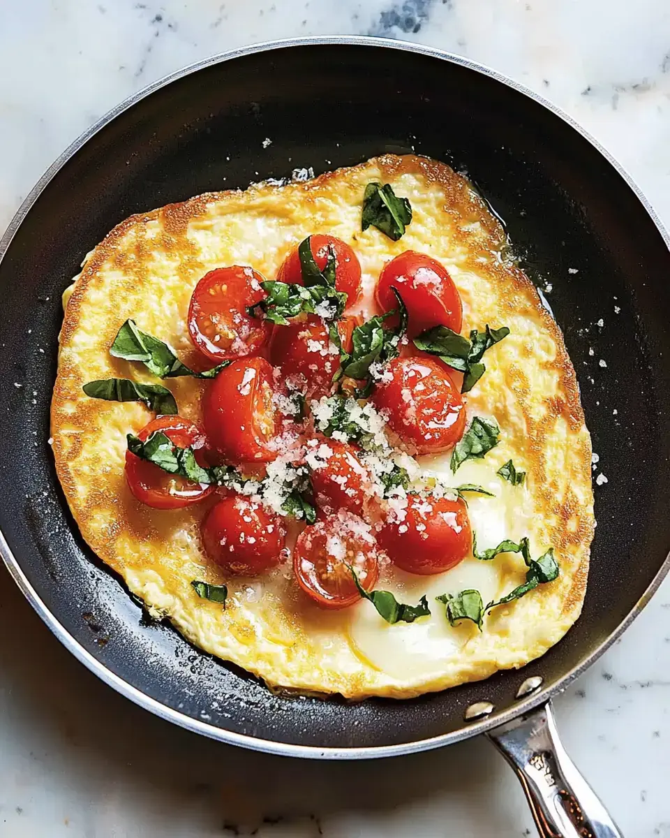 A golden omelette topped with cherry tomatoes, fresh basil, and grated cheese in a frying pan.