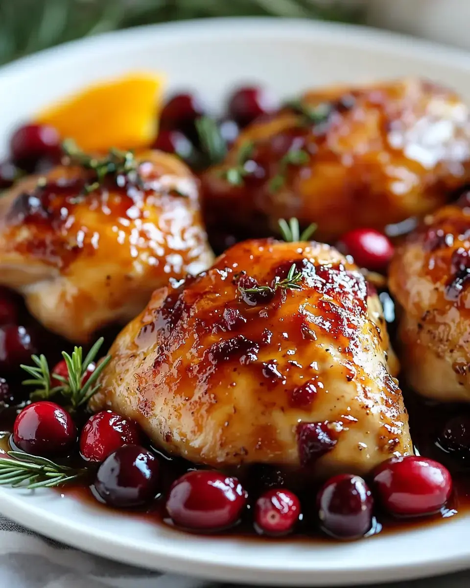 A close-up of glazed chicken thighs served with cranberries and garnished with herbs on a white plate.