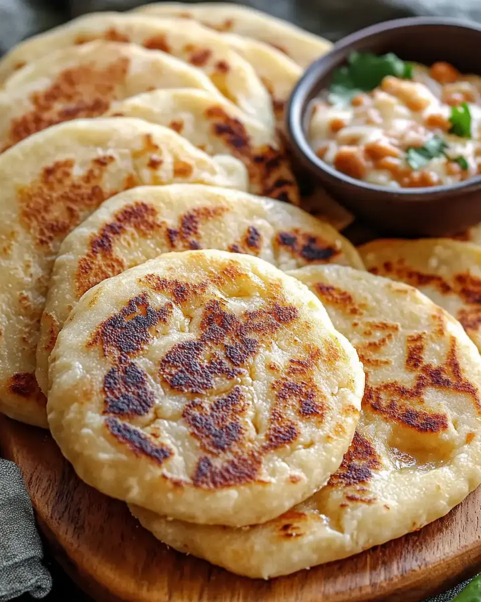 A wooden platter holds several golden-brown flatbreads alongside a small bowl of beans topped with fresh herbs.