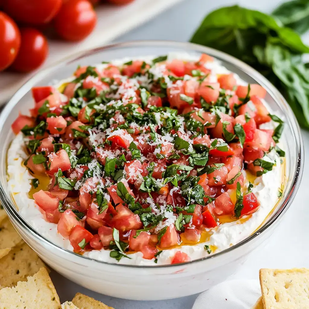 A glass bowl filled with a creamy dip topped with diced tomatoes, chopped basil, and shredded cheese, surrounded by crackers and fresh tomatoes in the background.