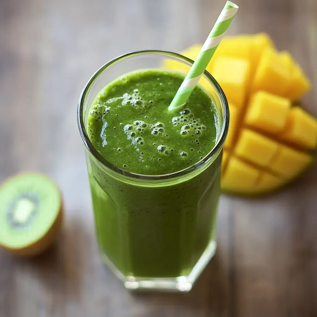 A tall glass of green smoothie with a striped straw, accompanied by a sliced kiwi and vibrant mango chunks in the background.