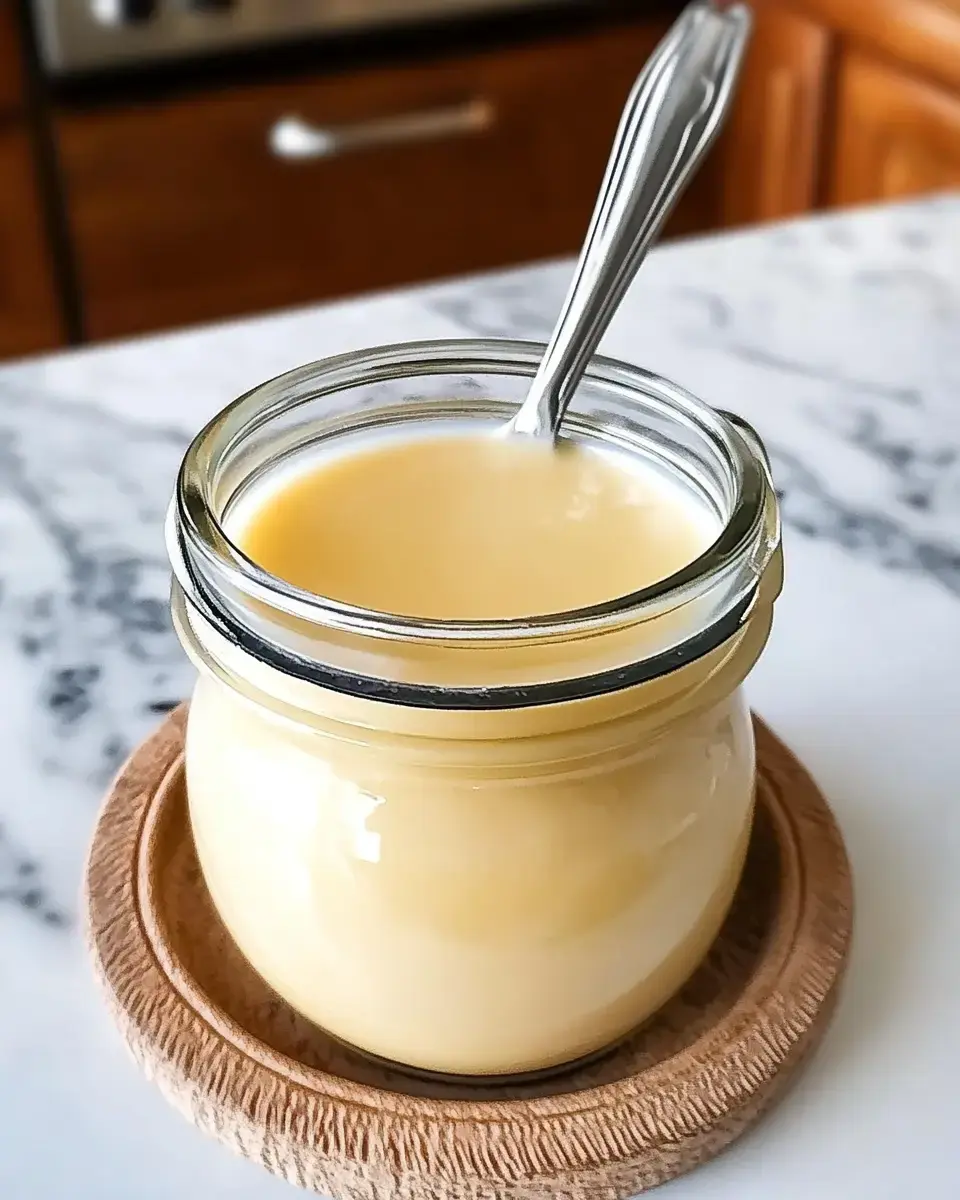 A small glass jar filled with a creamy yellow substance sits on a wooden coaster, with a spoon resting inside.