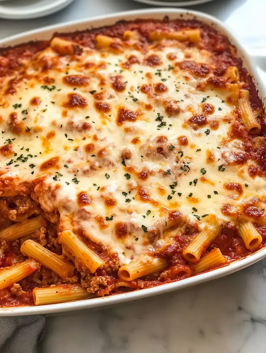 A cheesy baked pasta dish topped with herbs and served in a white dish.