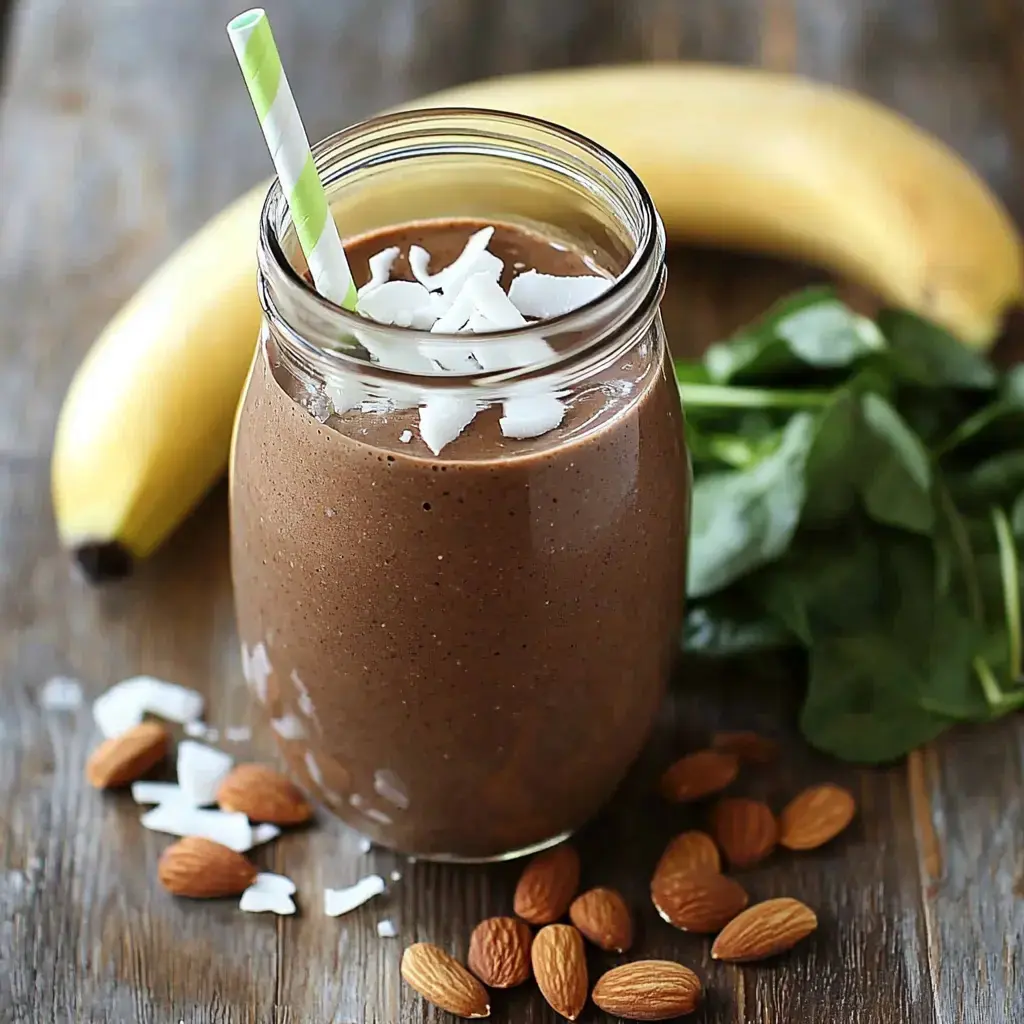 A nutritious chocolate smoothie is shown in a jar, garnished with coconut flakes, accompanied by a banana, almonds, and fresh spinach on a wooden surface.