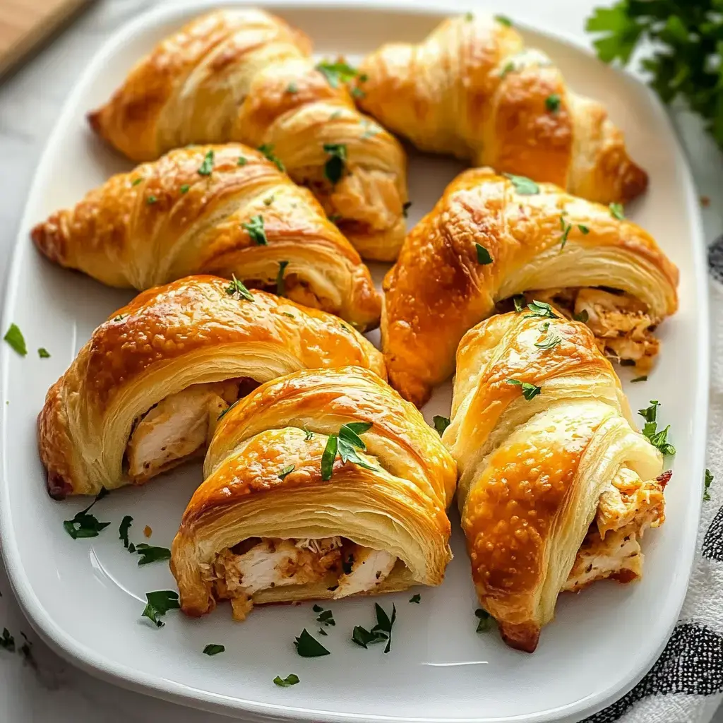 A plate of golden-brown, flaky croissants filled with shredded chicken and garnished with fresh parsley.