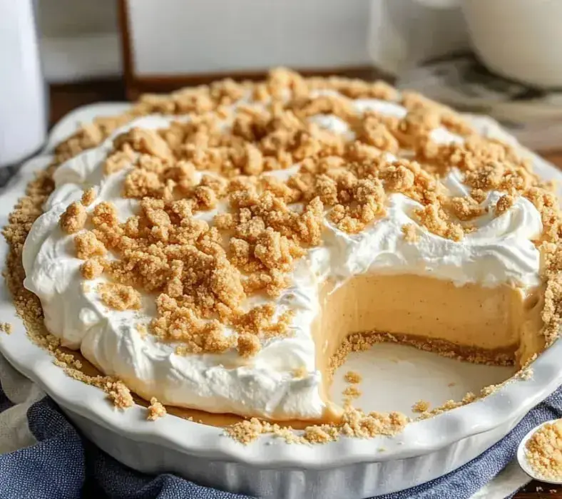 A creamy pie topped with whipped cream and crumbled cookies, with a slice removed to reveal its filling.