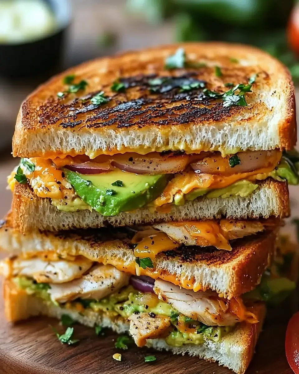 A toasted sandwich stacked with crispy bread, grilled chicken, melted cheese, avocado, and garnished with herbs, served on a wooden board.