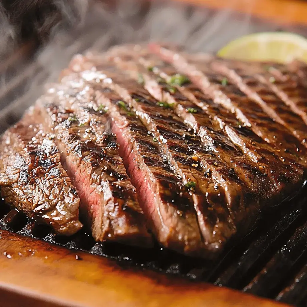 A close-up of perfectly grilled steak, showcasing juicy pink interior and distinctive sear marks.