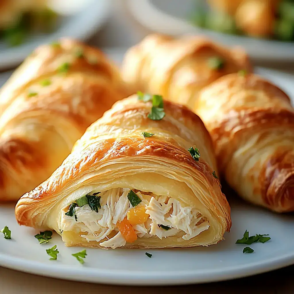 A close-up of a flaky croissant filled with shredded chicken and colorful vegetables, garnished with fresh herbs on a white plate.