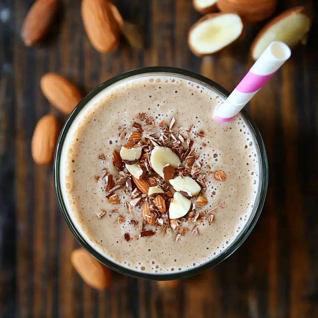 A top-down view of a glass of smoothie topped with sliced almonds and chocolate shavings, accompanied by whole almonds scattered on a wooden surface.