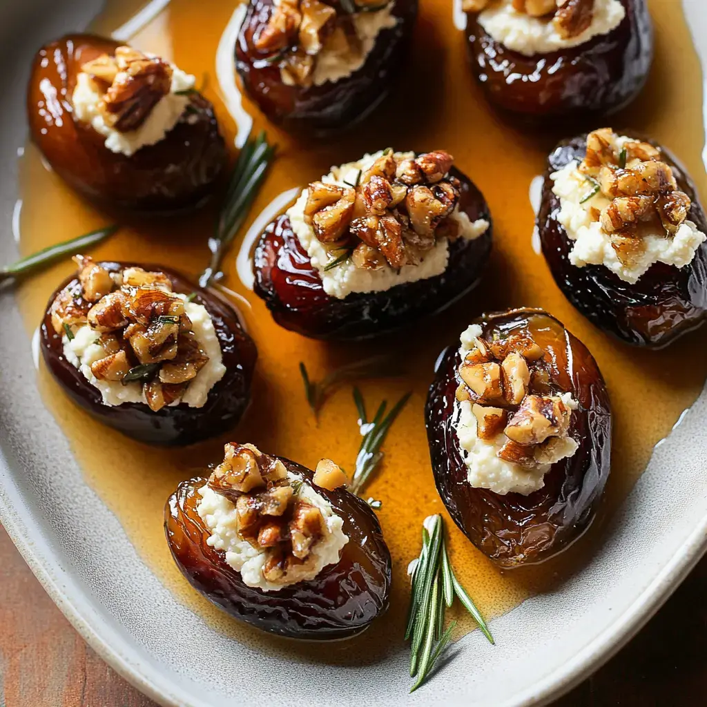 A plate of stuffed dates topped with a mixture of nuts and creamy filling, garnished with herbs and drizzled in syrup.