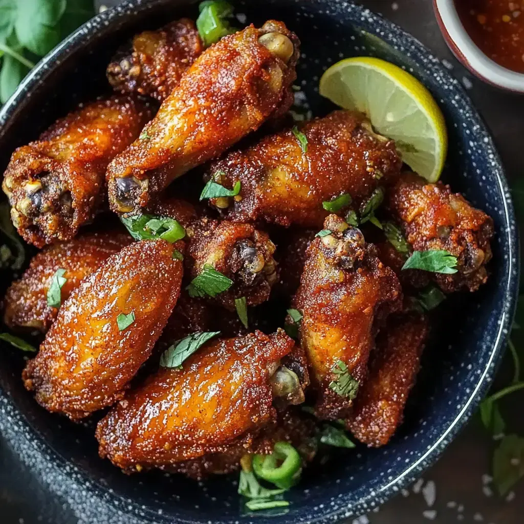 A bowl of crispy chicken wings garnished with herbs and a slice of lime.