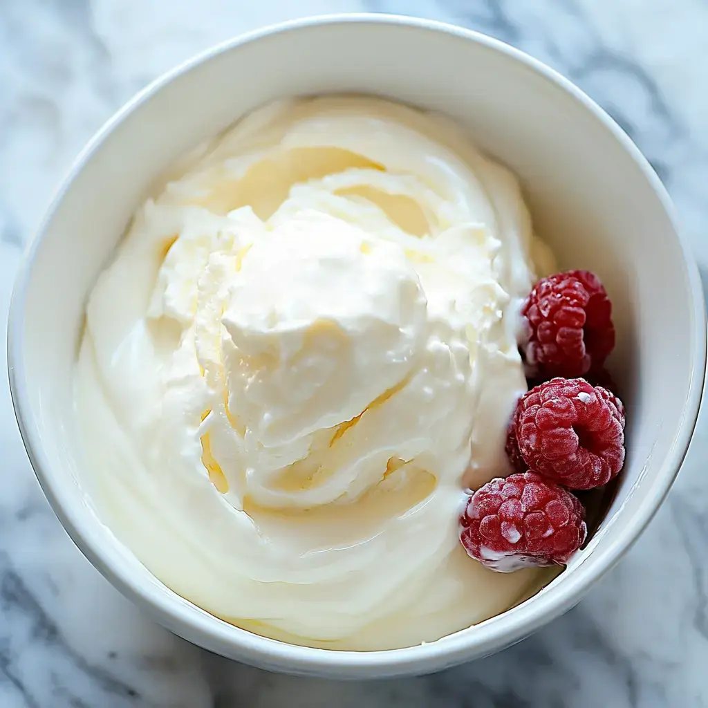 A white bowl filled with creamy vanilla ice cream topped with three fresh raspberries.