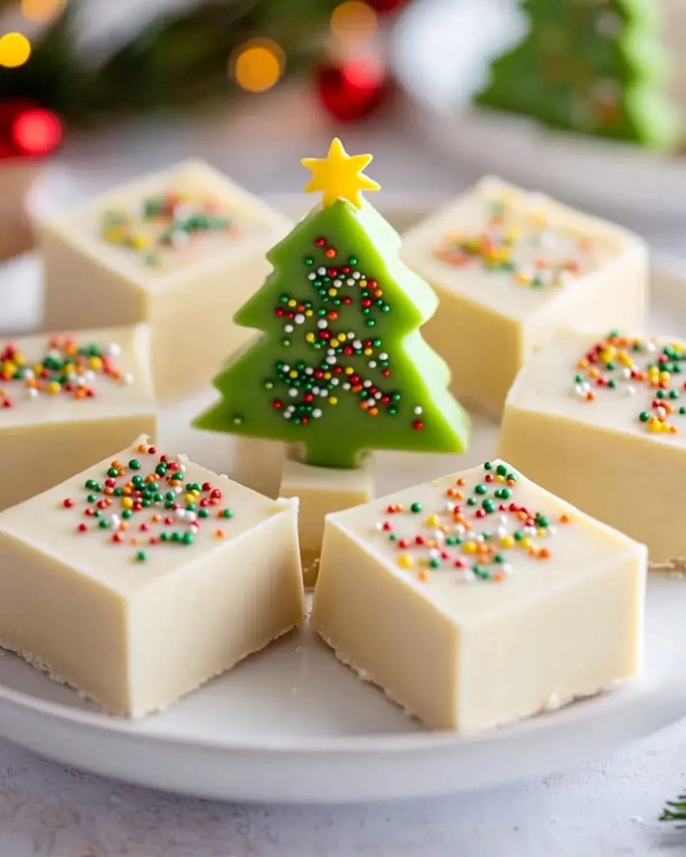 A plate of festive dessert squares topped with colorful sprinkles, arranged around a green Christmas tree decoration with a yellow star on top.