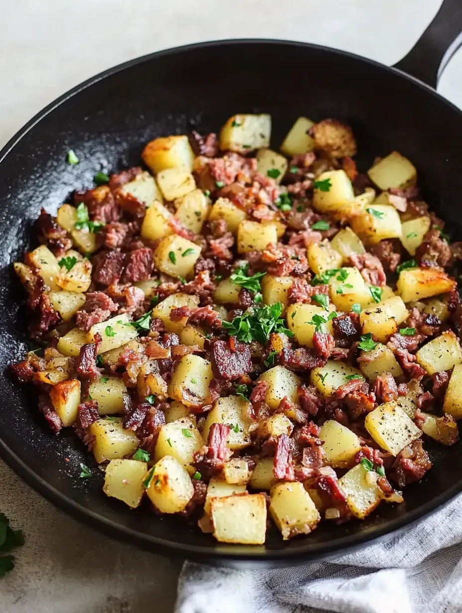 A cast iron skillet filled with browned diced potatoes and chopped meat, garnished with fresh parsley.