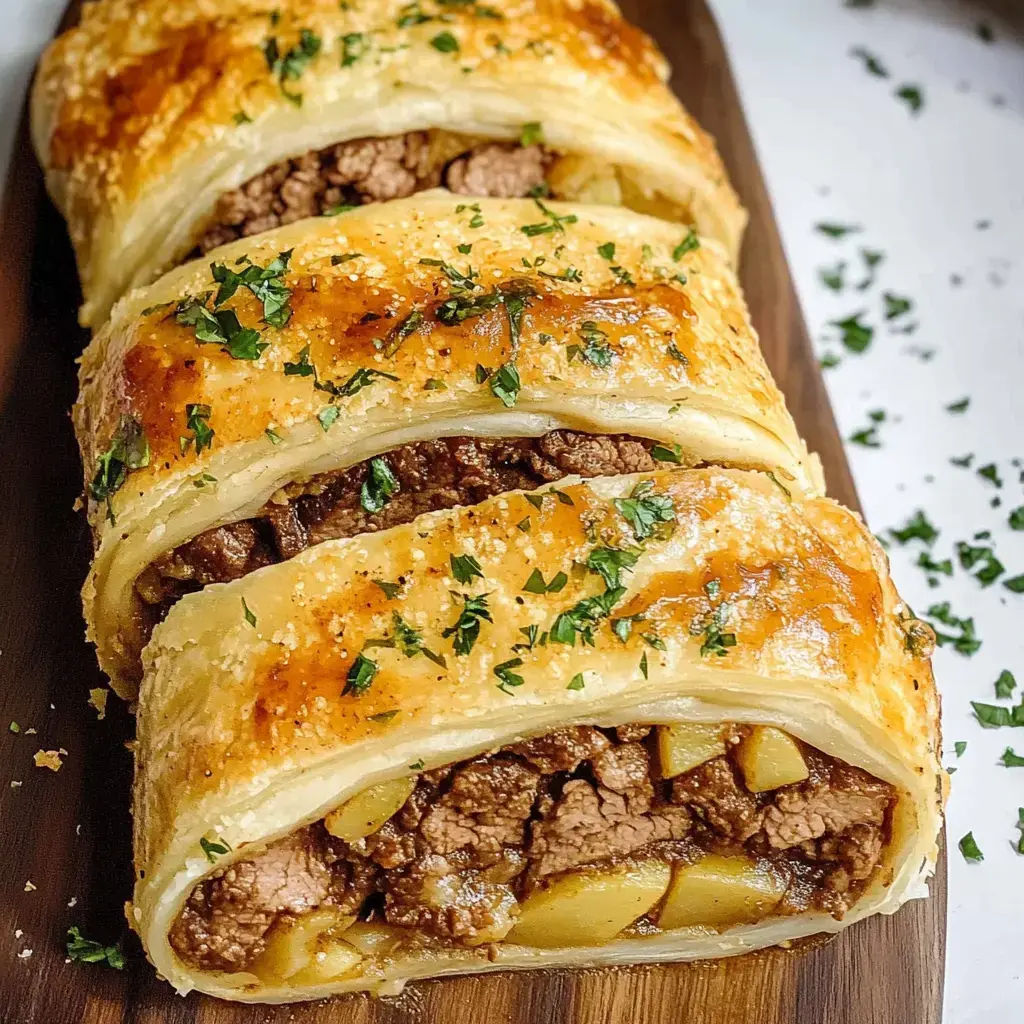 A close-up view of three freshly baked pastry rolls filled with minced meat and apples, garnished with chopped parsley, on a wooden serving board.