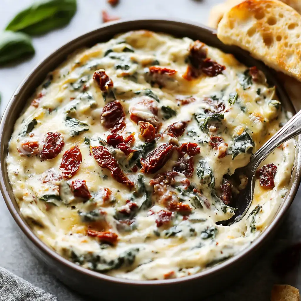 A creamy dip featuring spinach and sun-dried tomatoes, served in a bowl with a spoon and accompanied by a piece of bread.