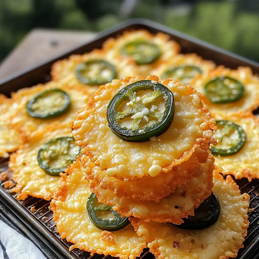 A stack of crispy cheese rounds topped with sliced jalapeños, arranged on a baking tray.