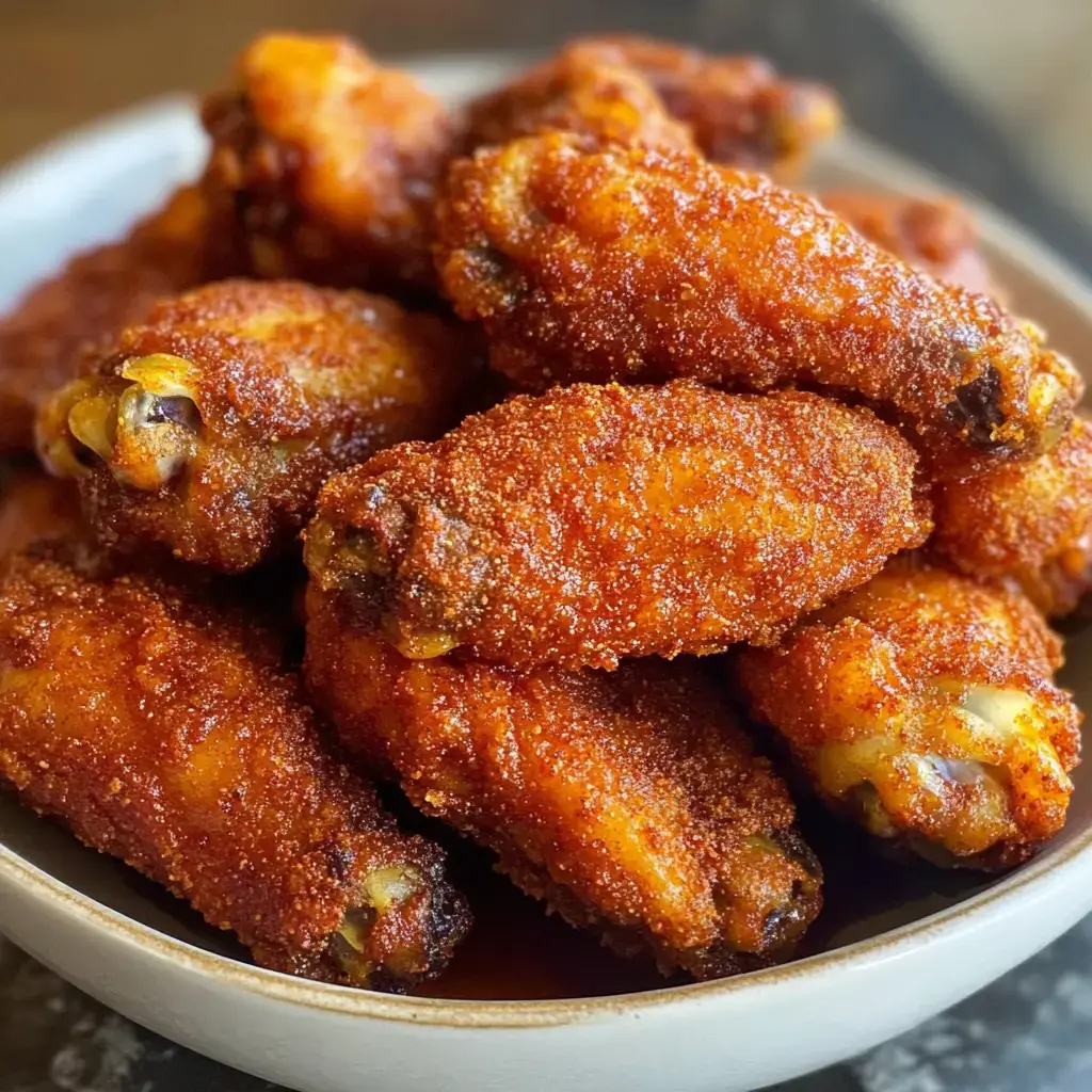 A close-up view of a bowl filled with golden, crispy chicken wings coated in a spiced seasoning.