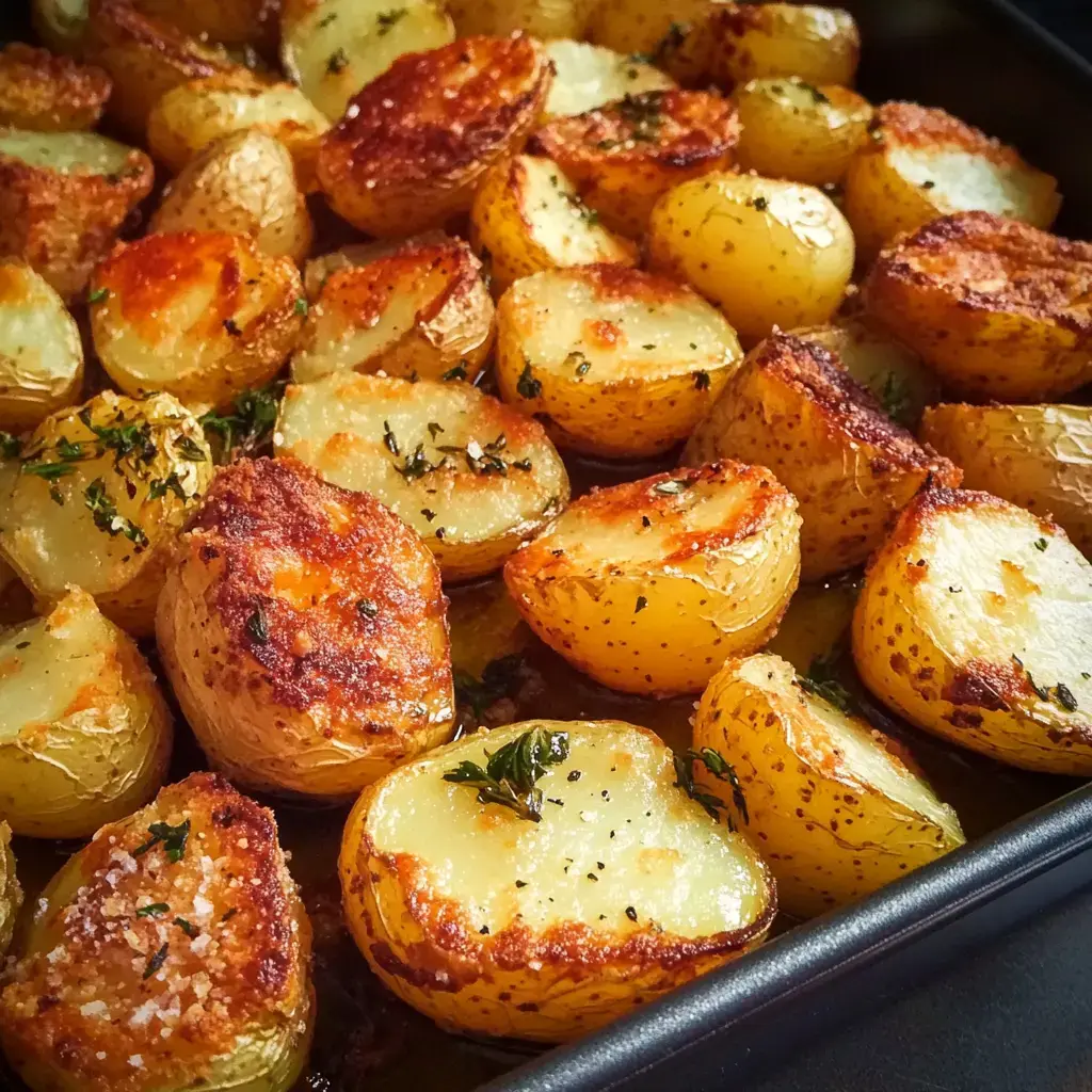 A close-up of golden, roasted baby potatoes, garnished with herbs and displaying a crispy texture.