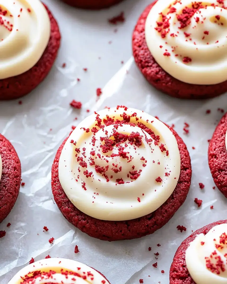 A close-up view of red velvet cookies topped with cream cheese frosting and red crumbs.