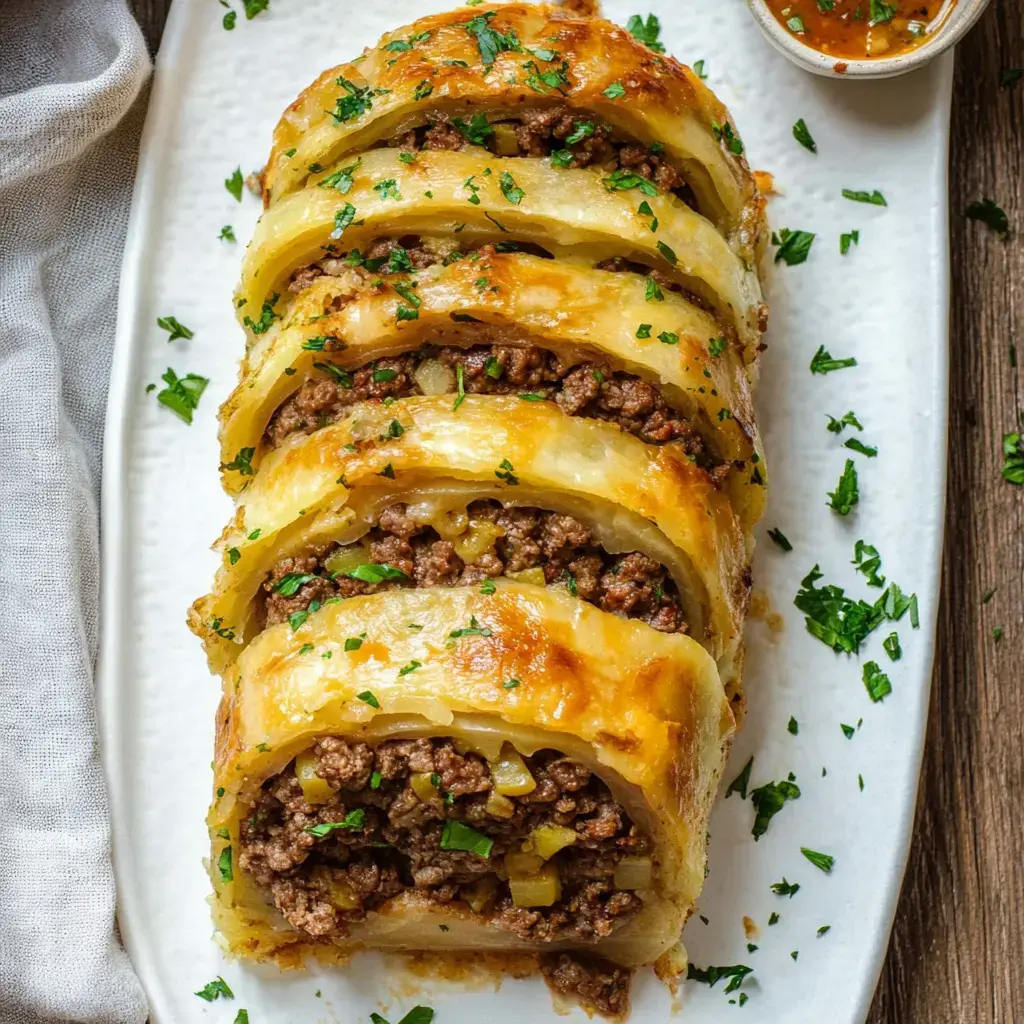 A golden-brown pastry roll is filled with seasoned ground beef and garnished with chopped parsley, served on a white platter alongside a small bowl of dipping sauce.