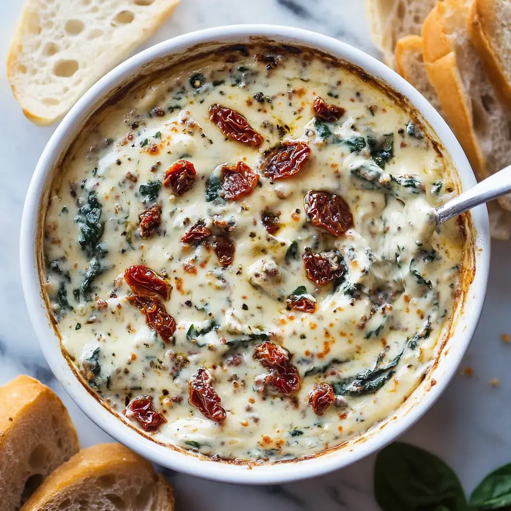 A creamy dip with spinach and sun-dried tomatoes is served in a bowl, accompanied by slices of bread on the side.