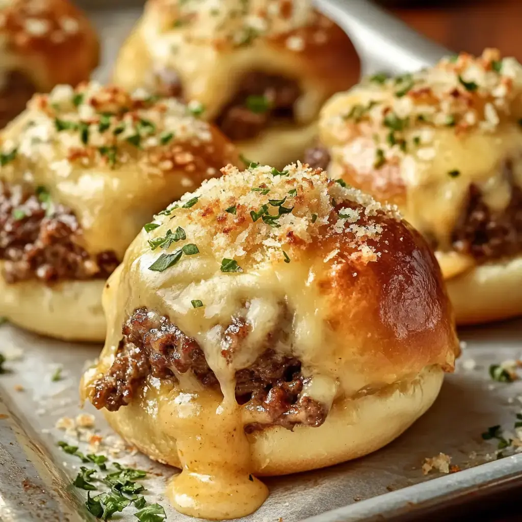 A close-up image of cheesy stuffed buns topped with breadcrumbs and herbs, showcasing melted cheese and ground meat filling.