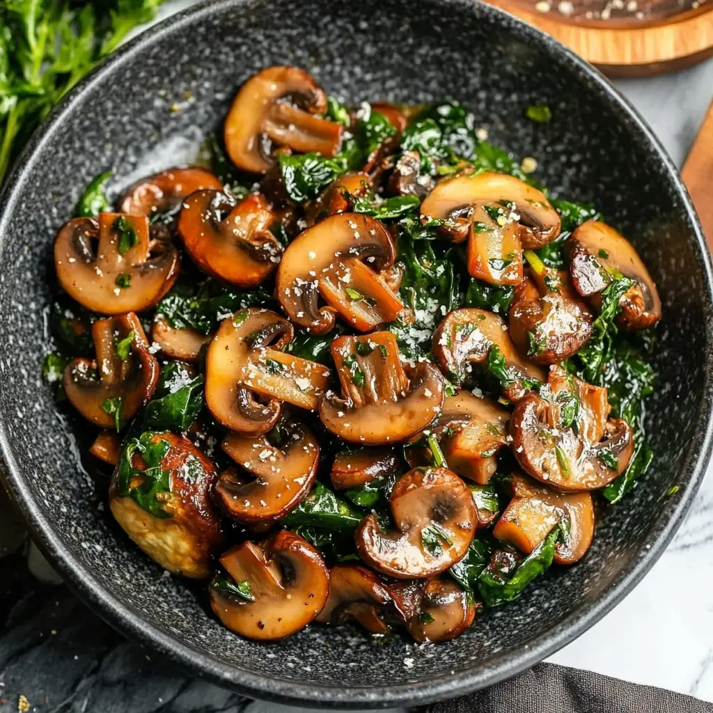 A bowl of sautéed mushrooms and spinach garnished with herbs and spices.