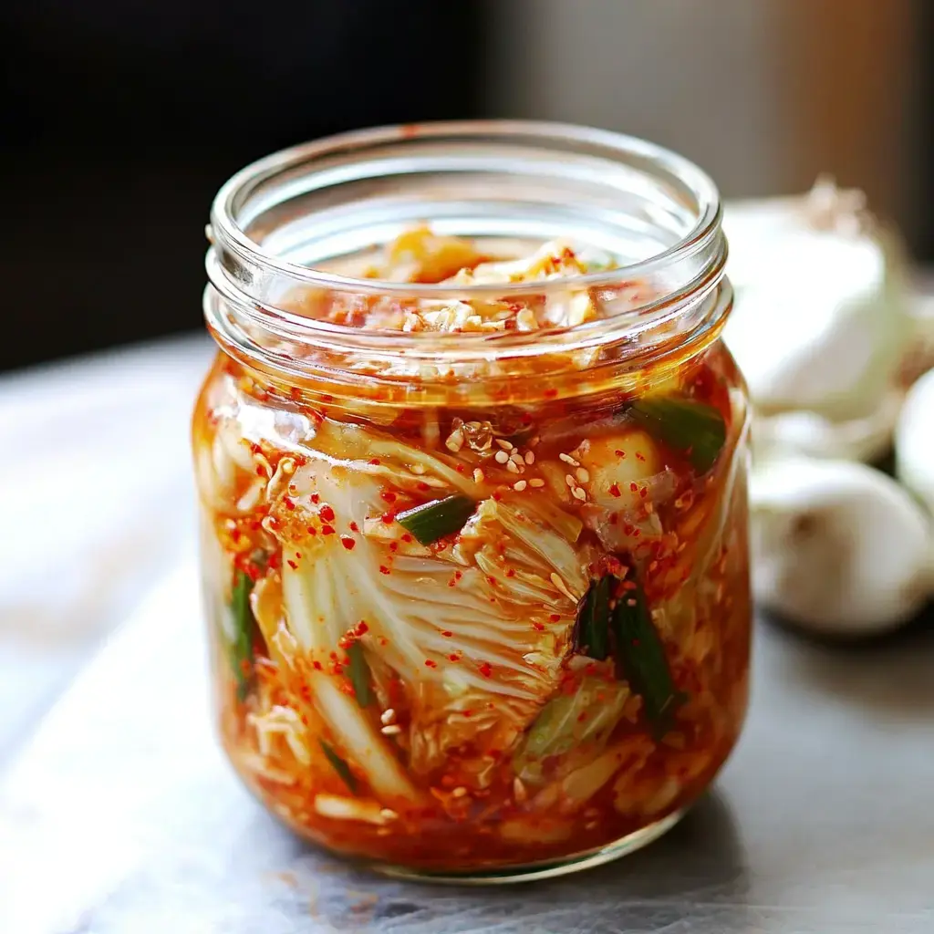 A jar of kimchi filled with napa cabbage, green onions, and red pepper flakes sits on a table, with garlic cloves in the background.