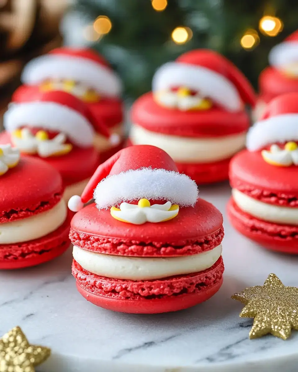 A festive display of red macarons decorated with Santa hats and white frosting, arranged on a marble surface with gold star accents.