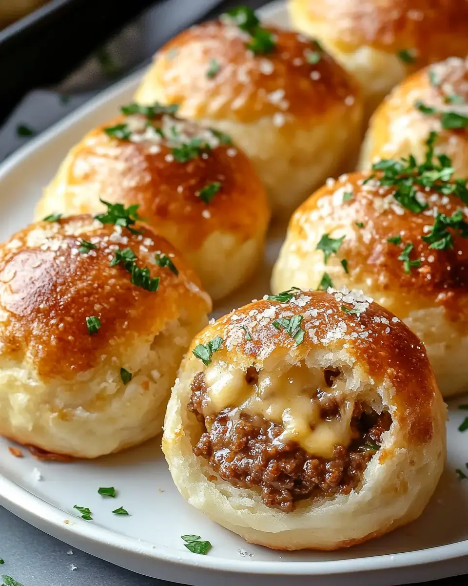 A close-up of cheesy pastry rolls filled with seasoned meat, garnished with parsley, on a white plate.