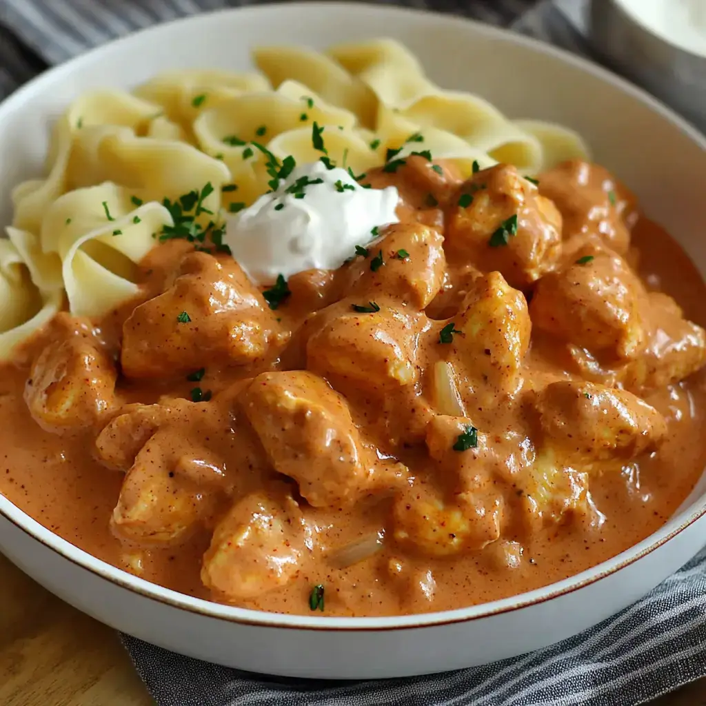 A bowl of creamy chicken dish topped with herbs, served with noodles and a dollop of sour cream.