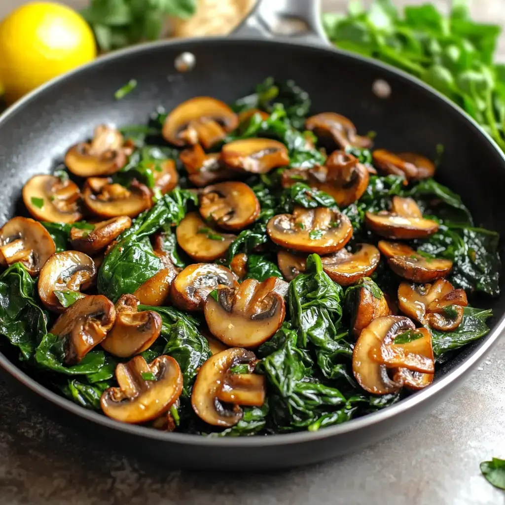 A skillet filled with sautéed spinach and sliced mushrooms, garnished with fresh herbs and lemon in the background.