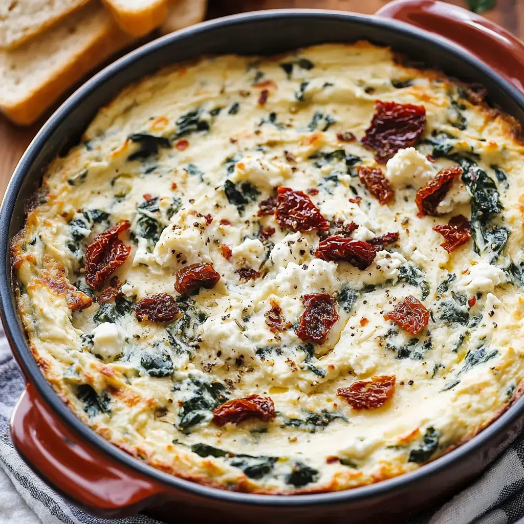 A creamy spinach and sun-dried tomato dip topped with crumbled cheese, served in a round dish with slices of bread in the background.