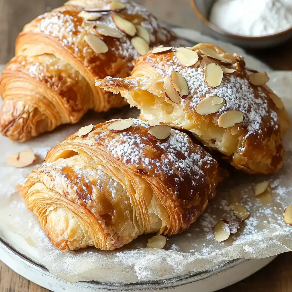 A close-up of buttery croissants topped with sliced almonds and powdered sugar, arranged on a plate with a small bowl of powdered sugar in the background.