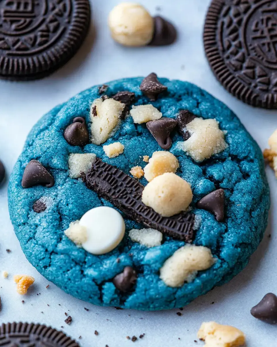 A vibrant blue cookie topped with chocolate chips, chunks of Oreo, and beige cookie dough pieces, surrounded by additional Oreos.