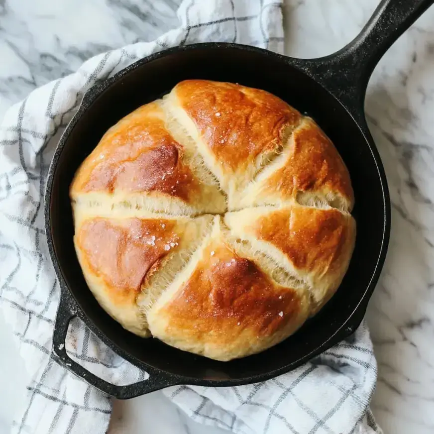 A freshly baked round bread loaf is sitting in a cast iron skillet on a marble surface, with a checkered kitchen towel beside it.