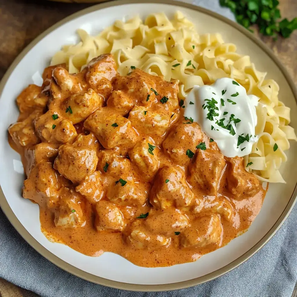 A plate of creamy chicken dish served with egg noodles and a dollop of sour cream, garnished with chopped parsley.