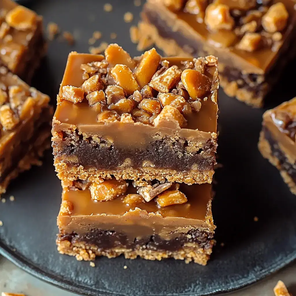 A close-up of two layered dessert bars topped with chopped toffee pieces, showcasing a biscuit crust and a chocolate layer beneath a caramel topping.