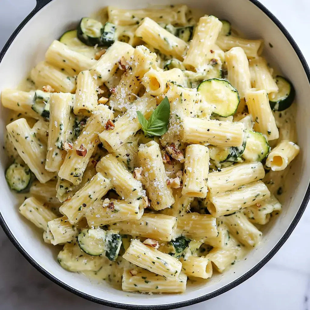 A close-up bowl of rigatoni pasta mixed with creamy sauce, zucchini slices, and topped with chopped nuts and a basil leaf.