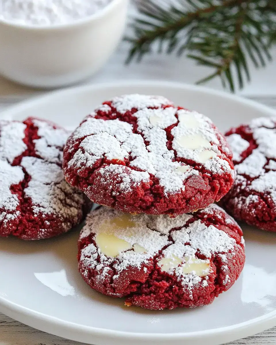 A plate of red velvet cookies dusted with powdered sugar, featuring white chocolate chips, with a bowl of powdered sugar and a pine branch in the background.