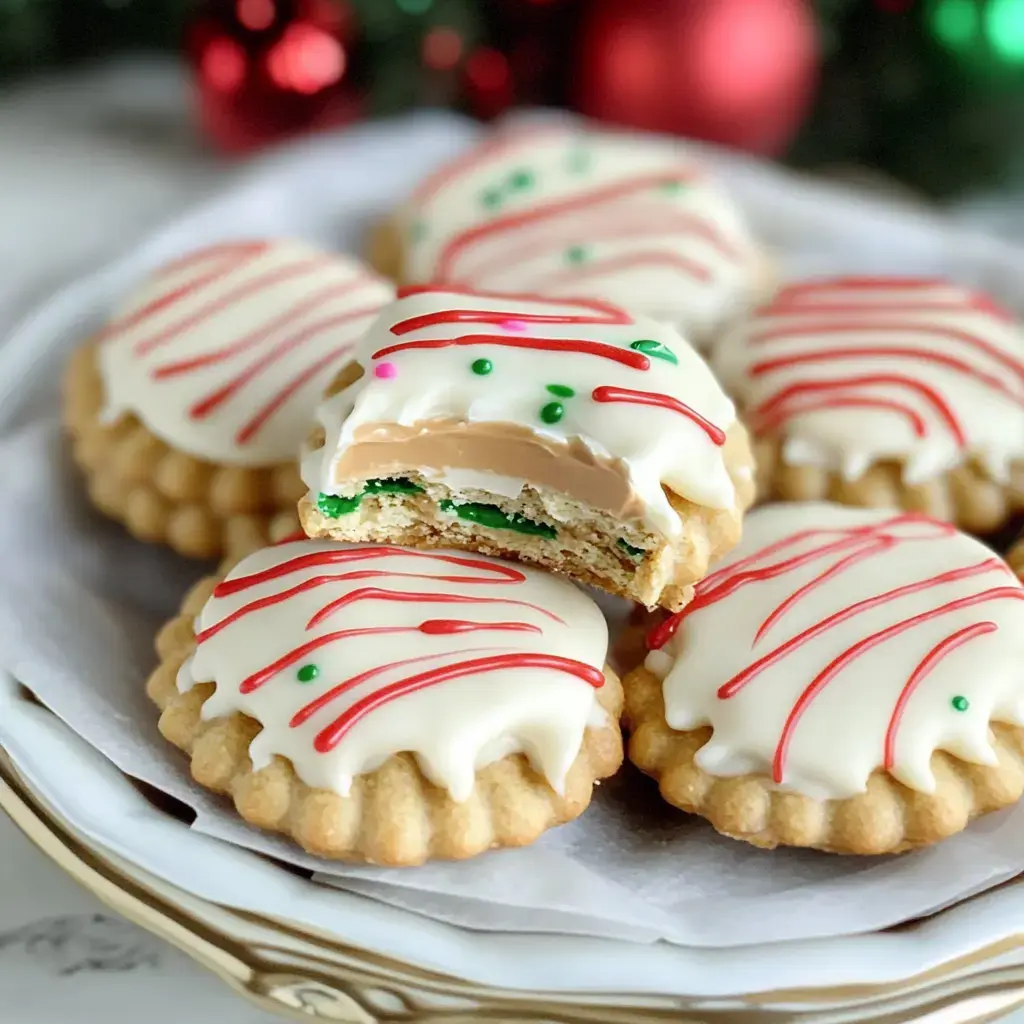 A plate of festive, decorated cookies with white icing and red drizzle, one cookie cut in half to reveal a creamy filling and green sprinkles inside.