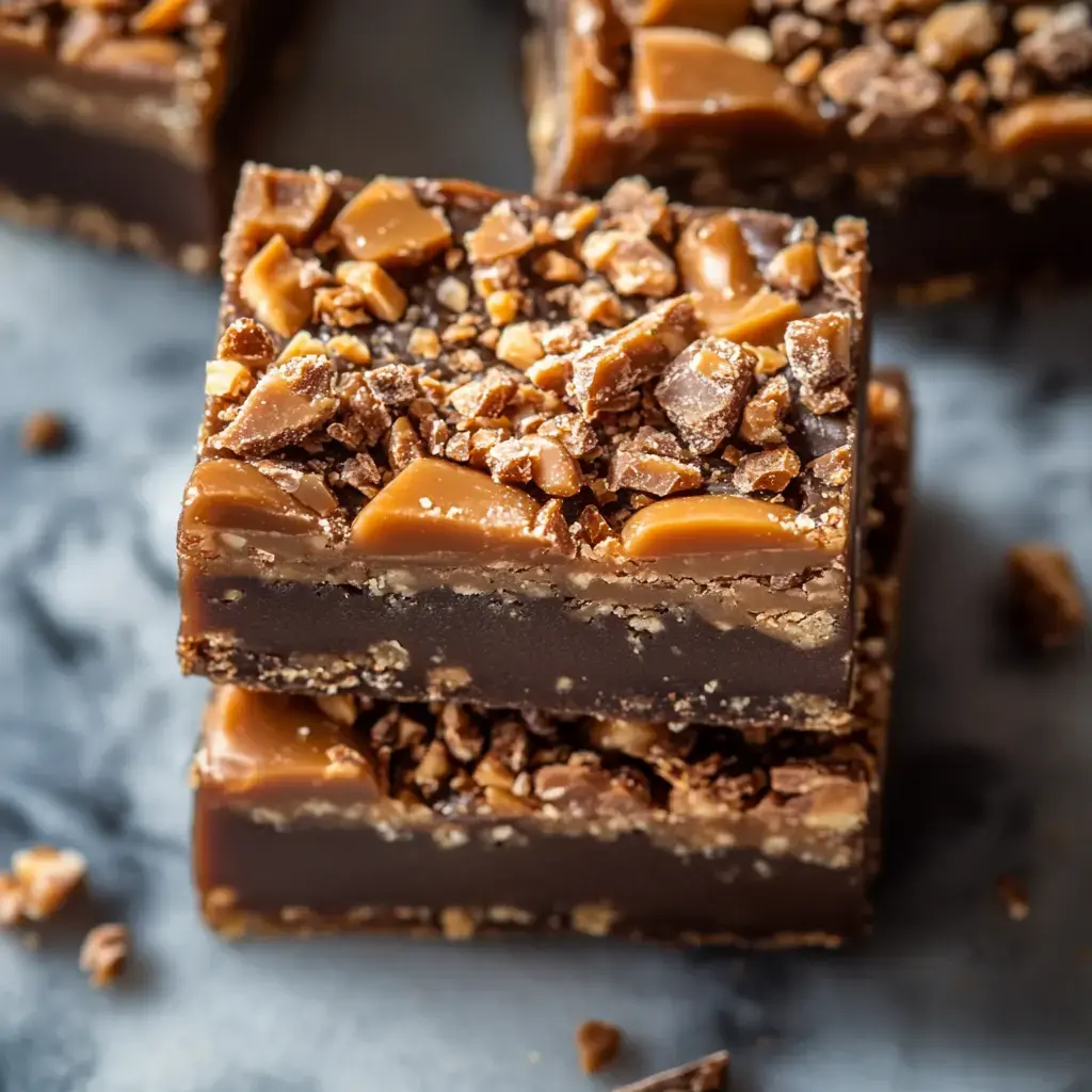 A stack of layered chocolate fudge topped with crushed toffee and caramel bits rests on a textured surface.