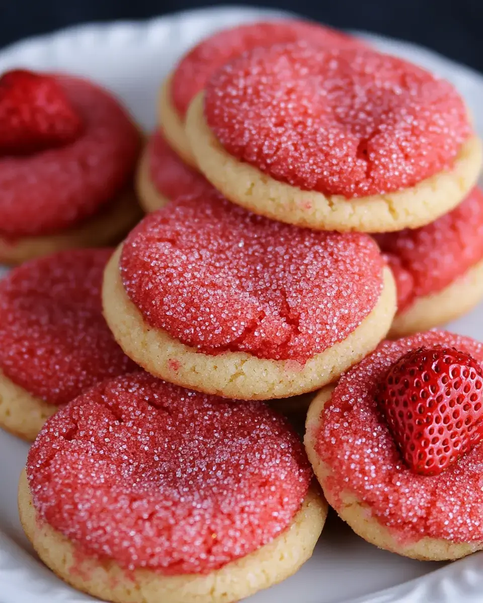 A close-up of a plate stacked with sugar-coated strawberry cookies, each topped with a small fresh strawberry.