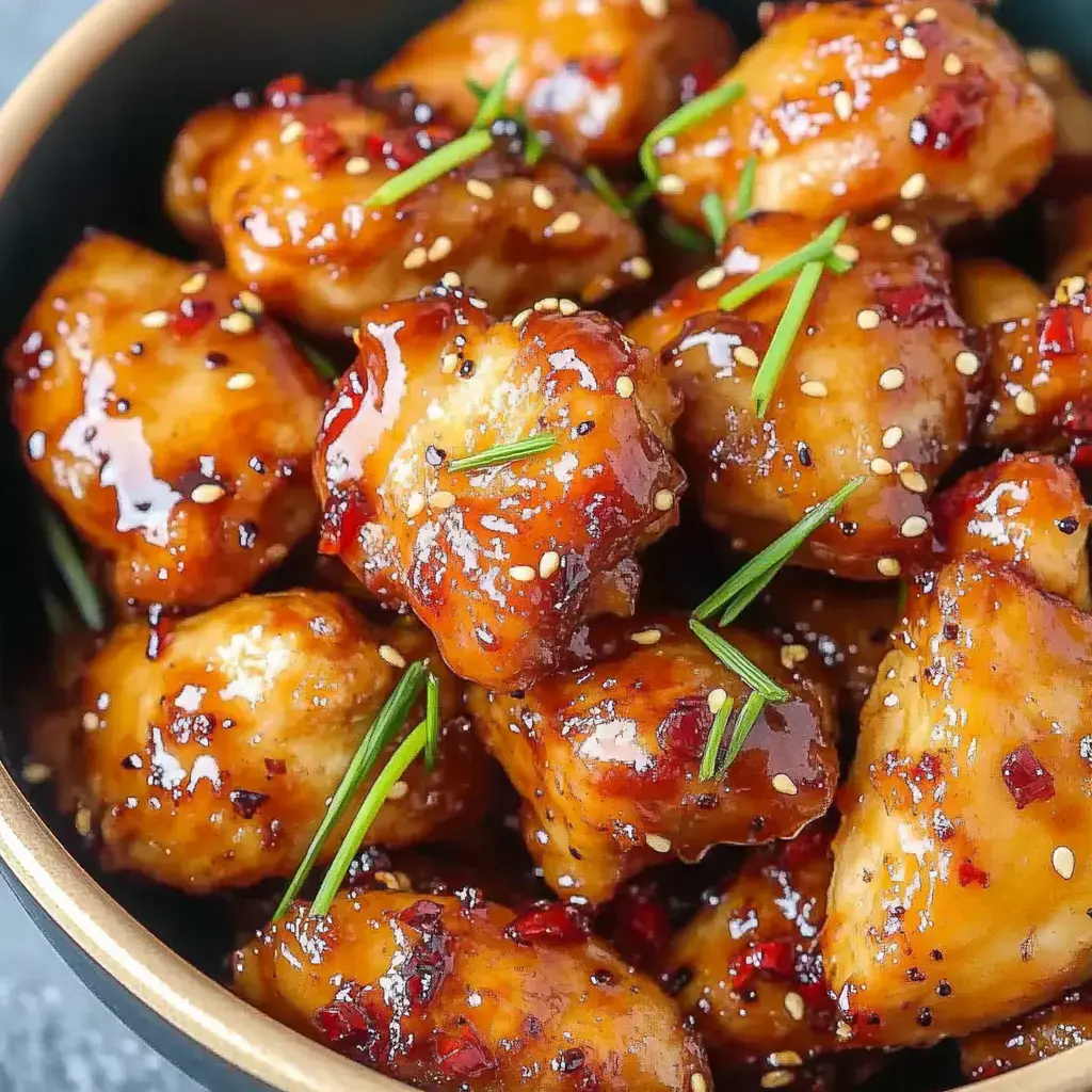 A close-up view of glazed chicken pieces garnished with sesame seeds and green onions in a bowl.