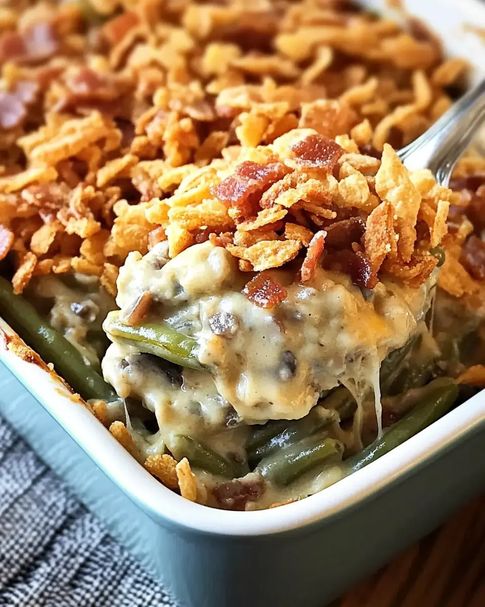 A close-up image of a green bean casserole topped with crispy fried onions and bits of bacon, served in a dish.